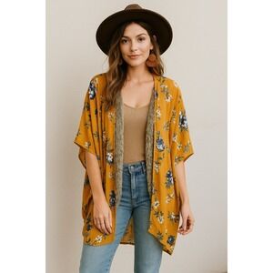 Moral Fiber Women's Fall Floral Kimono Wrap Cardigan Size M Boho Beachy